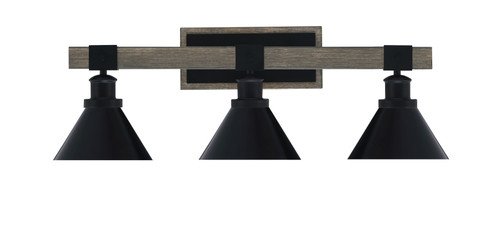 Tacoma 3 Light Bath Bar Shown In Matte Black & Painted Distressed Wood-Look Metal Finish With 7" Matte Black Cone Metal Shades (1843-MBDW-421-MB)