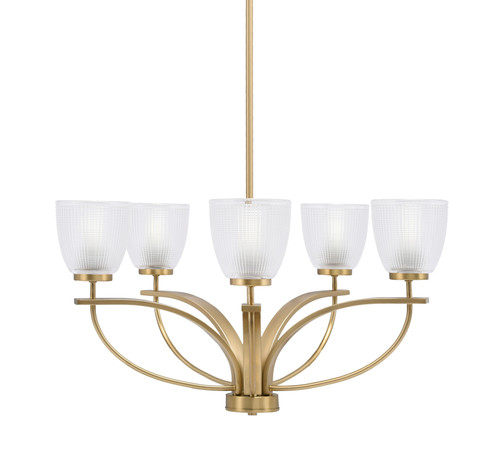 Cavella 5 Light, Uplight Chandelier With Hang Straight Swivel In New Age Brass Finish With 5" Clear Ribbed Glass (3905-NAB-500)