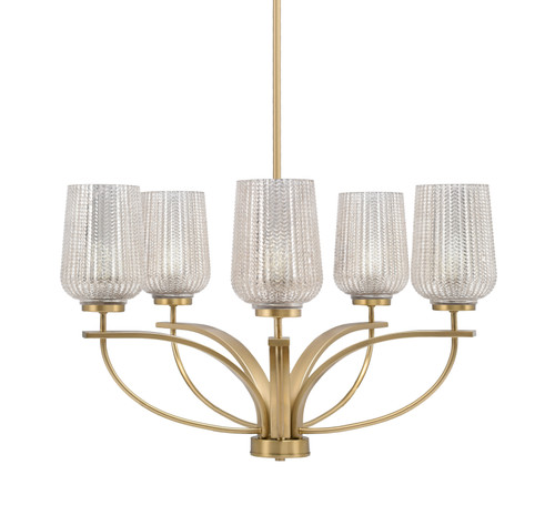 Cavella 5 Light, Uplight Chandelier With Hang Straight Swivel In New Age Brass Finish With 5" Silver Textured Glass (3905-NAB-4253)