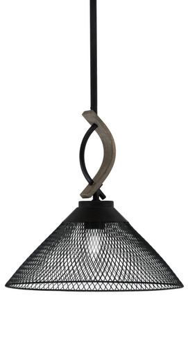 Monterey 1 Light Mini Pendant W/Matte Black & Painted Distressed Wood-look Metal Finish With 14" Matte Black Cone Mesh Metal Shade (2901-MBDW-808-MB)