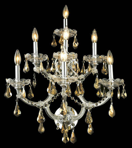 Maria Theresa 7 Light Chrome Wall Sconce Golden Teak (Smoky) Royal Cut Crystal (2801W7C-GT/RC)