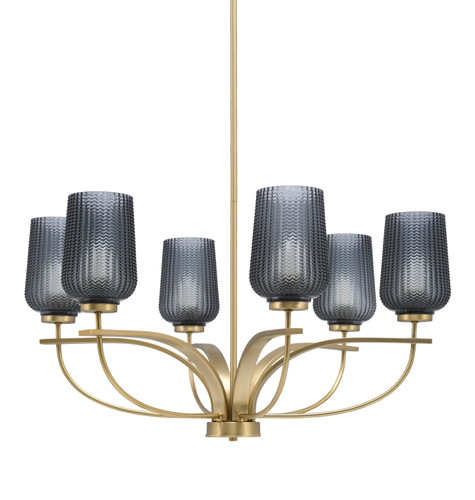 Cavella 6 Light, Uplight, Chandelier, New Age Brass Finish, 5" Smoke Textured Glass (3906-NAB-4252)
