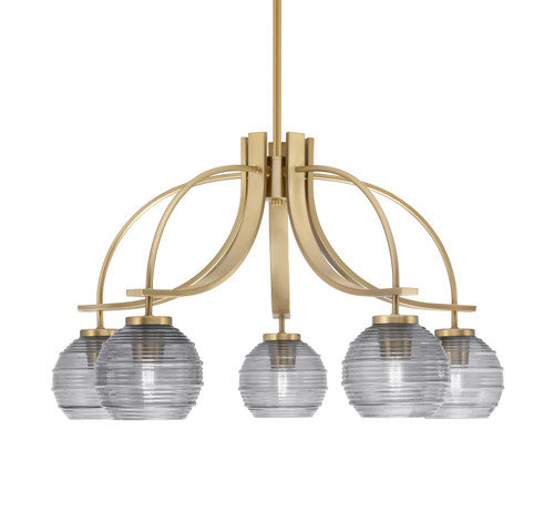 Cavella 5 Light, Downlight Chandelier, New Age Brass Finish, 6" Smoke Ribbed Glass (3925-NAB-5112)