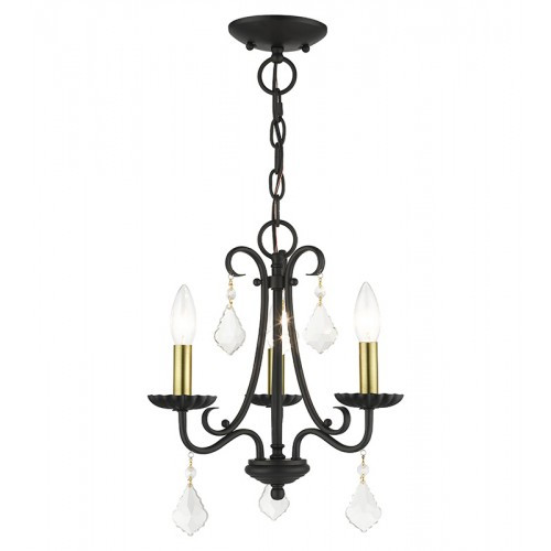 Daphne 3 Light Black Mini Chandelier with Antique Brass Finish Accents and Clear Crystals (40873-04)