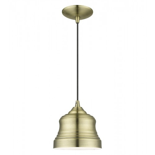 Endicott 1 Light Antique Brass Mini Bell Pendant with Shiny White Finish Inside (55901-01)