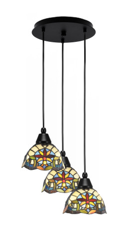 Array 3 Light Cord Hung Cluster Pendalier, Matte Black Finish, 7" Earth Star Art Glass  (1818-MB-9365)