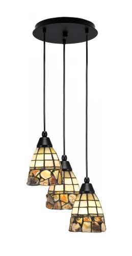 Array 3 Light Cord Hung Cluster Pendalier, Matte Black Finish, 7" Cobblestone Art Glass (1818-MB-9735)