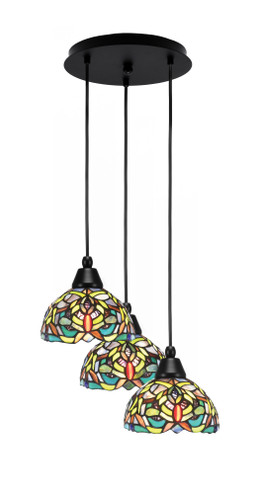 Array 3 Light Cord Hung Cluster Pendalier, Matte Black Finish, 7" Kaleidoscope Art Glass (1818-MB-9905)