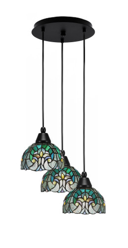Array 3 Light Cord Hung Cluster Pendalier, Matte Black Finish, 7" Turquoise Cypress Art Glass (1818-MB-9925)