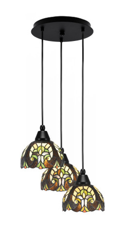 Array 3 Light Cord Hung Cluster Pendalier, Matte Black Finish, 7" Ivory Cypress Art Glass  (1818-MB-9945)