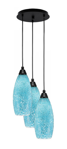 Array 3 Light Cord Hung Cluster Pendalier, Matte Black Finish, 5.5" Turquoise Fusion Glass (1818-MB-5065)