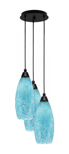 Array 3 Light Cord Hung Cluster Pendalier, Matte Black Finish, 5.5" Turquoise Fusion Glass (1816-MB-5065)