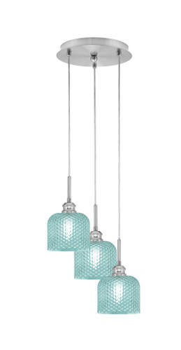 Array 3 Light Cord Hung Cluster Pendalier, Brushed Nickel Finish, 6" Turquoise Textured Glass (1816-BN-4615)