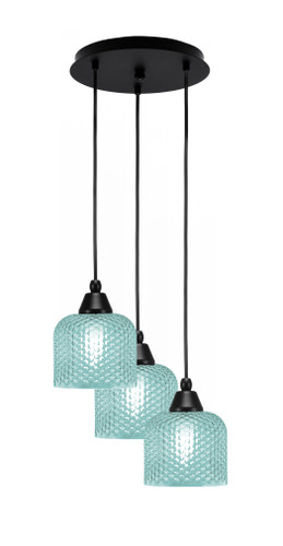 Array 3 Light Cord Hung Cluster Pendalier, Matte Black Finish, 6" Turquoise Textured Glass (1818-MB-4615)