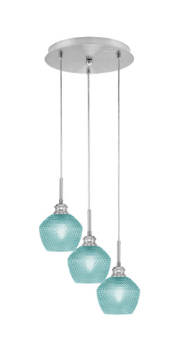 Array 3 Light Cord Hung Cluster Pendalier, Brushed Nickel Finish, 6" Turquoise Textured Glass (1818-BN-4625)