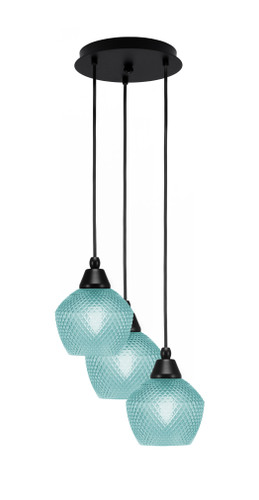 Array 3 Light Cord Hung Cluster Pendalier, Matte Black Finish, 6" Turquoise Textured Glass (1816-MB-4625)