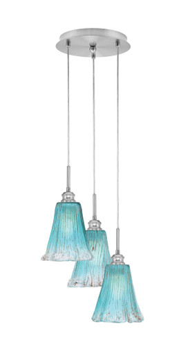 Array 3 Light Cord Hung Cluster Pendalier, Brushed Nickel Finish, 5.5" Fluted Teal Crystal Glass (1816-BN-725)