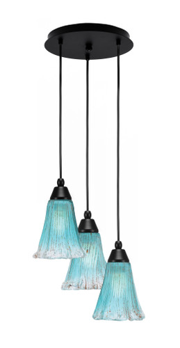 Array 3 Light Cord Hung Cluster Pendalier, Matte Black Finish, 5.5" Fluted Teal Crystal Glass (1818-MB-725)