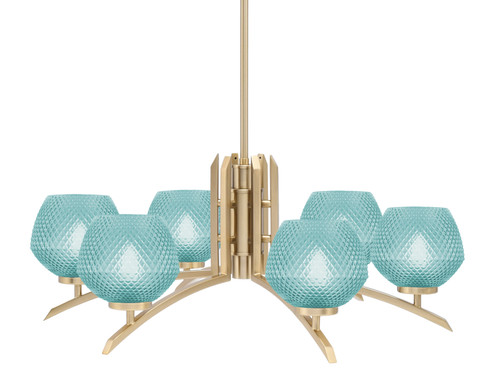 Kurve 6 Light Chandelier, New Age Brass Finish, 6" Turquoise Textured Glass (3706-NAB-4625)