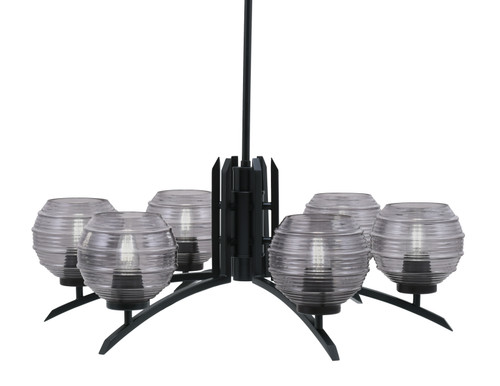 Kurve 6 Light Chandelier, Matte Black Finish, 6" Smoke Ribbed Glass (3706-MB-5112)