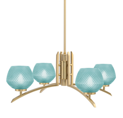 Kurve 4 Light Chandelier, New Age Brass Finish, 6" Turquoise Textured Glass (3704-NAB-4625)