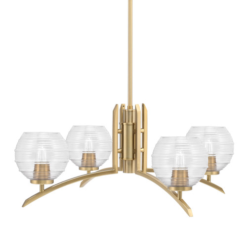 Kurve 4 Light Chandelier, New Age Brass Finish, 6" Clear Ribbed Glass  (3704-NAB-5110)