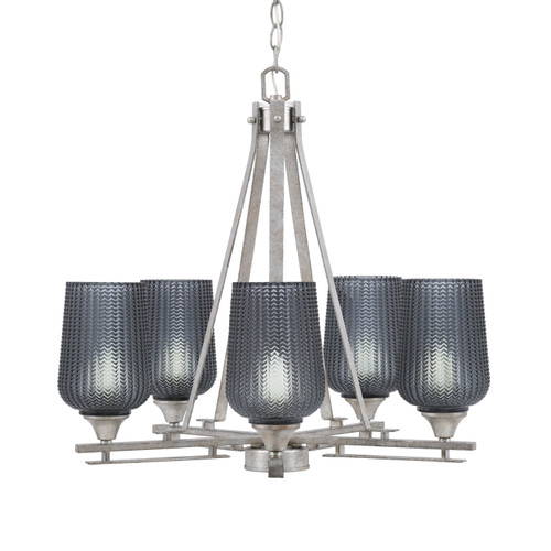 Uptowne 5 Light, Uplight, Chandelier, Aged Silver Finish, 5" Smoke Textured Glass  (325-AS-4252)
