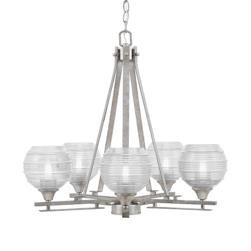 Uptowne 5 Light, Uplight, Chandelier, Aged Silver Finish, 6" Clear Ribbed Glass (325-AS-5110)