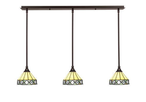 3 Light Stem Hung Linear Pendalier, Dark Granite Finish, 7" Diamond Peak Art Glass (36-DG-9405)