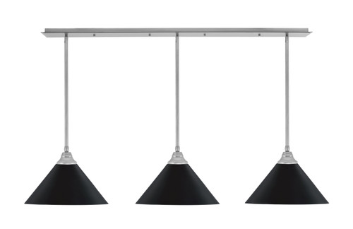 3 Light Stem Hung Linear Pendalier, Brushed Nickel Finish, 14" Matte Black Cone Metal Shades (48-BN-420-MB)