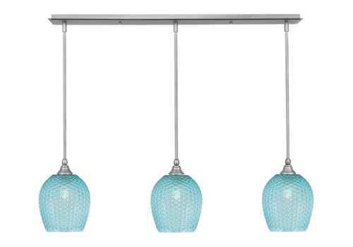 3 Light Stem Hung Linear Pendalier, Brushed Nickel Finish, 7.5" Turquoise Textured Glass (36-BN-4905)
