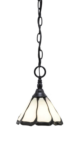 Chain Hung Mini Pendant, Matte Black Finish, 7" Pearl & Black Flair Art Glass (11-MB-9125)