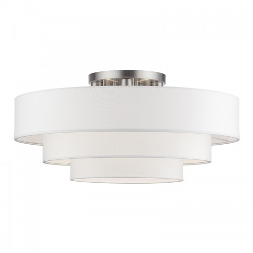 Manorwood 5 Light Brushed Nickel Extra Large Semi-Flush with Hand Crafted Off-White Color Fabric Hardback Shades (50309-91)