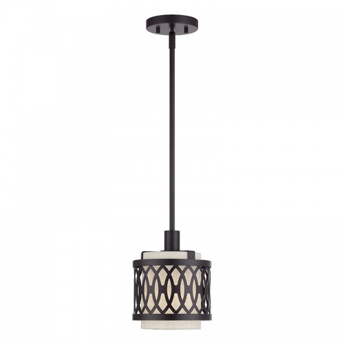 Vistaview 1 Light English Bronze Mini Pendant with Hand Crafted Oatmeal Color Fabric Hardback Shade (53439-92)