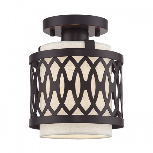 Vistaview 1 Light English Bronze Semi-Flush with Hand Crafted Oatmeal Color Fabric Hardback Shade (53431-92)