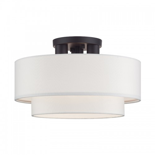 Manorwood 3 Light Bronze Large Semi-Flush with Hand Crafted Off-White Color Fabric Hardback Shades (50305-07)