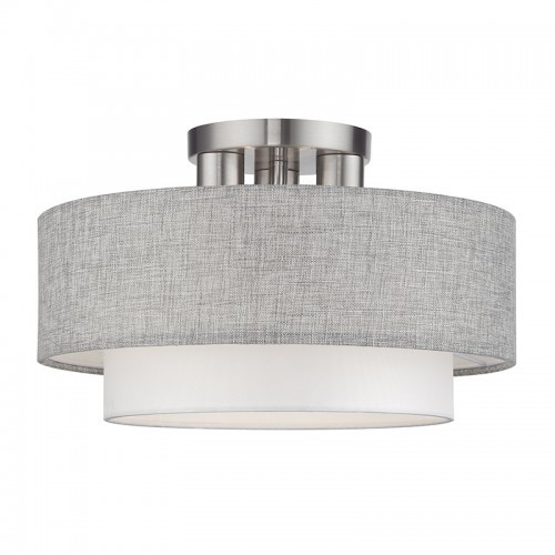 Brookmeade 3 Light Brushed Nickel Large Semi-Flush with Hand Crafted Urban Gray and White Fabric Hardback Shades (60013-91)