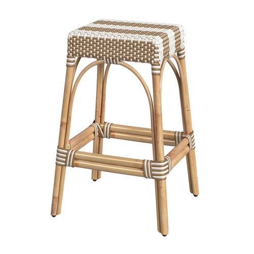 Robias 30 in Seat Height Rectangular Rattan Backless Bar Stool, Tan and White Stripe (5604984)