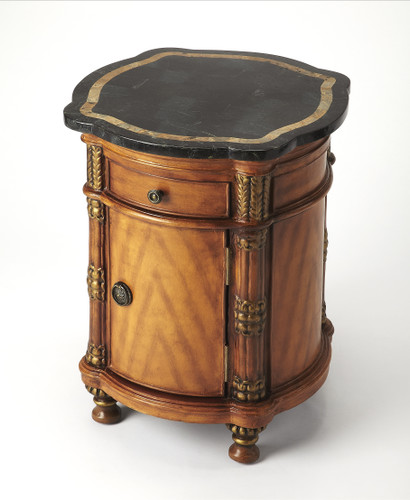 Montero 20 in W Round Fossil Stone and Wood 1 Drawer and 1 Door Drum Side Table, Multi-Color (0847070)