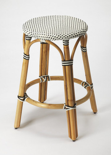 Tobias 24 in Seat Height Round Rattan Backless Counter Stool, White and Black Dot (9371295)