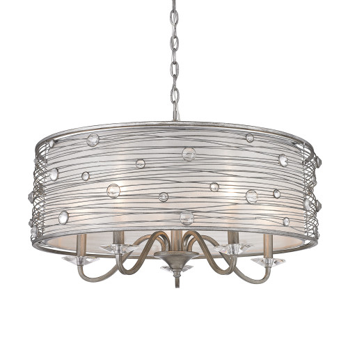Joia 5 Lt Chandelier, Peruvian Silver, Sterling Mist Fabric Shades (1993-5 PS)