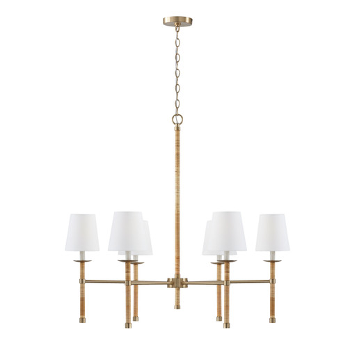 Tulum 38"W x 35.5"H 6-Light Chandelier in Matte Brass with Hand-Wrapped Natural Rattan and White Fabric Stay-Straight Shade  (447261MA-705)