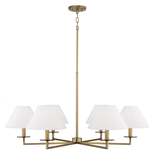 Gilda 39.75"W x 19.75"H 6-Lt Chandelier Aged Brass White Fabric Stay-Straight Shades and Interchangeable Clear or Tortoise Shell Bobeches (452261AD)
