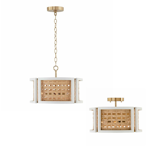 Lola 16" W x 11" H 4-Light Semi-Flush or Pendant in Flat White and Matte Brass made with Handcrafted Mango Wood and Rattan (244341WM)
