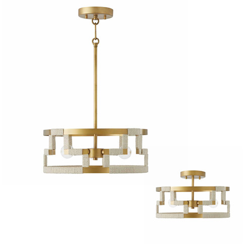 Hala 15" W x 6" H 3-Light Dual Mount Semi-Flush or Pendant in Bleached Natural Jute and Patinaed Brass - Greek Key Pattern Artisan Crafted  (241031NL)