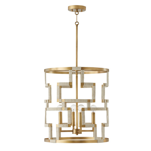 Hala 18" W x 20.5" H 4-Light Foyer in Bleached Natural Jute and Patinaed Brass - Greek Key Pattern Artisan Crafted (541041NL)