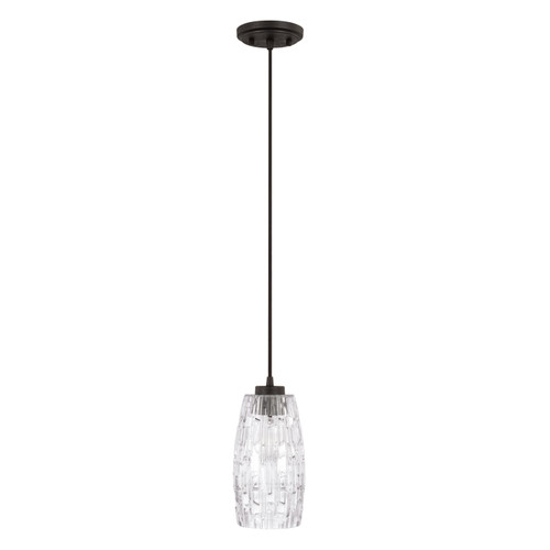 Casper 5" W x 10.5" H 1-Light Pendant in Black Iron with Clear Embossed Glass Shade and Black Cord  (328611BI-450)