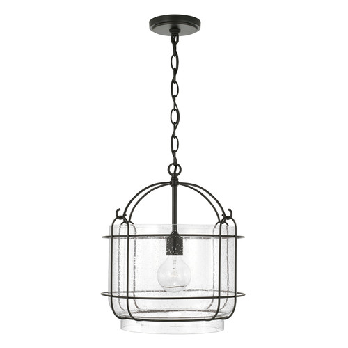 Harmon 14" W x 15" H 1-Light Pendant in Matte Black with Clear Seeded Glass and Outer Cage   (342912MB)