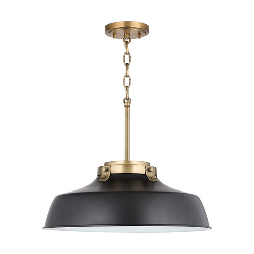 Oakwood 18" W x 7" H 1-Light Industrial Metal Shade Pendant - Matte Black and Aged Brass with White Interior  (9D331A)