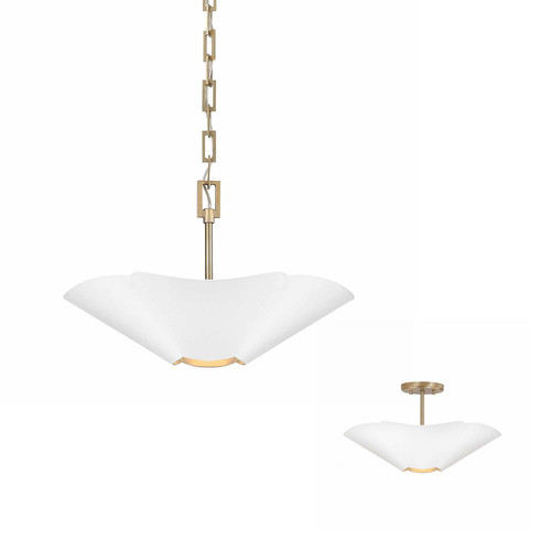 Maeve 18.75" W x 6.5" H 4-Light Modern Botanical Dual Mount Pendant in Matte White with Painted Matte Brass Interior and Square Designer Chain (355442RE)